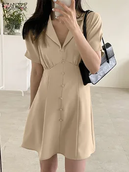  Kadınlar 2022 Moda Parti Elbise Yaka Boyun Mini Vestidos ZANZEA Ofis kadın elbiseleri Rahat Kısa Kollu Yüksek Bel A-line Sundress