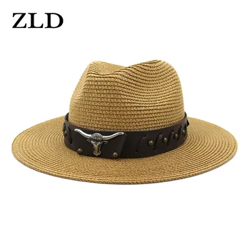  ZLD Yaz Saman Boğa Kafa Sombrero Batı Kovboy Hasır Şapkalar Hombre Plaj Cowgirl güneş şapkası Düz Ağız Geniş Ağız erkek Hasır Şapka