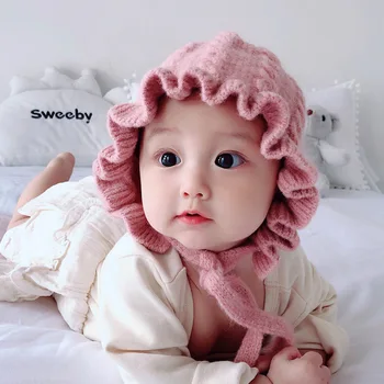  1 Adet Bebek Kız Şapka Çiçek Dantel Yenidoğan Örme Düz Renk Bebek Şapka ve Bağlama Kapaklar 4-30 Ay Bebekler Şapka 10 Renkler