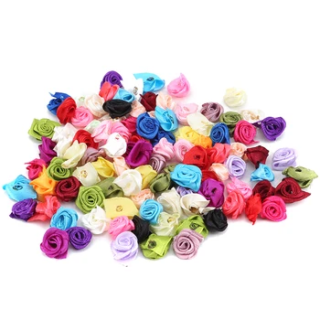  100 adet 10mm Mix Renk Küçük Gül Çiçek Mini El Yapımı Saten Kurdele Gül Kafa Düğün Scrapbooking Dekorasyon Giysi Aksesuarları