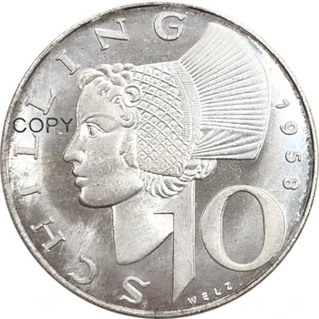  1958 AT Avusturya Cumhuriyeti Wachau Kadın 10 On Schilling AR Pirinç Gümüş Kaplama Kopya Paraları