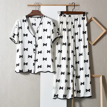  2 ADET Pijama Takım Elbise Yaz Yeni Baskı Yay Uyku Seti Rahat Kadın Kıyafeti Samimi İç Çamaşırı Kısa Kollu Gecelik Pijama