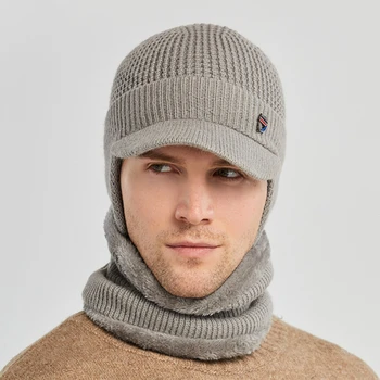  2 Adet Set Vizör Kış Kulaklığı Bere Şapka Eşarp Örgü Peluş Kaplı İsıtıcı Erkekler Kış kulak koruyucu Soğuk Ve Sıcak Örme Şapka