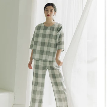 2 Parça Kadın Japonya Kimono Pijama Takımı %100 % Pamuklu Gazlı Bez Pijama Pijama çift katlı Yumuşak Ev Giyim Ekose Uyku Salonu