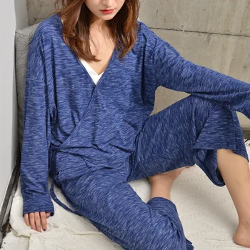  2019 Bahar Yeni Japon Kimono Bayan Pijama Gevşek Konfor V Yaka Uzun Kollu Pantolon Pijama Rahat Pijama Pijama Seti