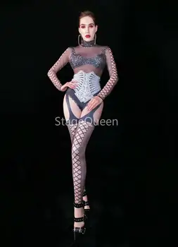  2020 Tarzı Siyah Gümüş Rhinestones Bandaj Desen Tulum Kadın Şarkıcı Bodysuit Sahne Kıyafeti Dansçı Balo Bar Sahne Kıyafeti