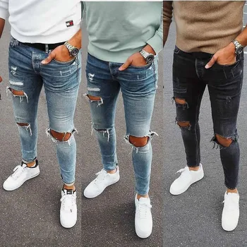  2021 Avrupa ve Amerikan yeni erkek kot trendi Kore versiyonu yırtık elastik rahat ayak ince erkek pantolon