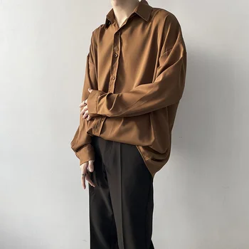  2021 Kore Tarzı erkek Beyaz / siyah / kahverengi / yeşil Renk Gevşek Uzun Kollu Gömlek Camisa Masculina Erkek Moda Yaka Yaka Gömlek