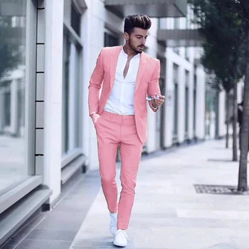  2021 Rahat Moda Lüks İş erkek Takım Elbise Düğün Parti Smokin Slim Fit Tepe Yaka Pembe Takım Elbise Erkek (Ceket + Pantolon)