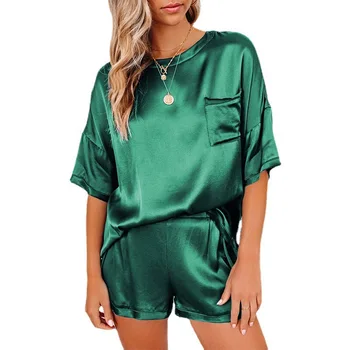  2021 Yeni Düz Renk Şifon Pijama Kısa kollu Şort Düzensiz Rahat İki parçalı Takım Elbise Bayan Pijama
