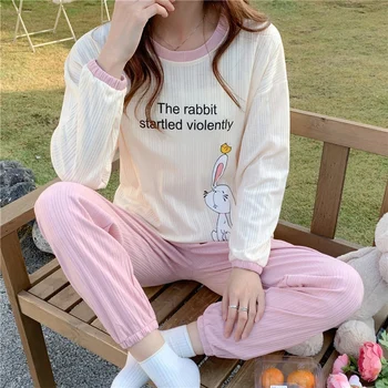  2022 Sonbahar Uzun Kollu Pamuklu Pijama Seti Kadınlar için Kore Sevimli Karikatür Pijama Takım Elbise Pijama Gecelik Pijama Mujer Ev Giysileri