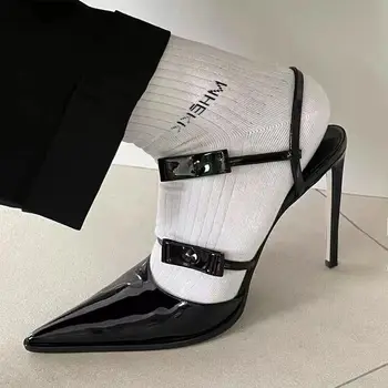  2022New Siyah Rugan Kadın Pompaları Sivri Burun Sığ Yaz Sandalet Beyaz Dar Kayış 9cm Yüksek Topuklu Zapatos De Mujer
