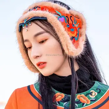 2023 yeni çin ulusal tarzı kadın şapkalar el yapımı peluş şapka etnik moda retro tarzı nakış kış sıcak kulak maskesi
