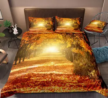  3D Sonbahar Doğal Yorgan yatak örtüsü seti Renkli Ağaçlar ve Güneş Işığı Yatak Güzel Romantik Sokak Nevresim Kraliçe 3 ADET Dropship