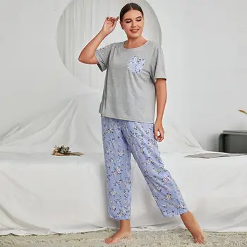  4XL Kadın Baskı Pijama Setleri 2 ADET kısa kollu tişört Pijama Pijama Pantolon pamuklu gecelik Yaz Gevşek Gecelik