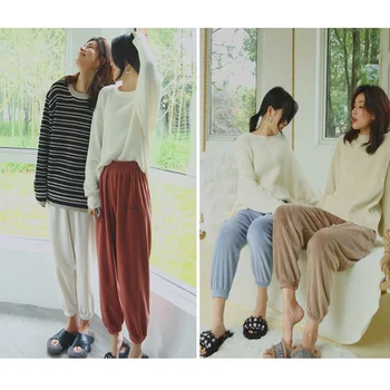  AECU Kadın Pazen Pijama Bloomers Pantolon 2021 Kış Elastik Gevşek Pantolon Bel Katı Pijama Alt Ev Uyku İç Çamaşırı