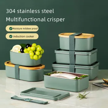  Ahşap Kapak Bento Kutusu 304 Paslanmaz Çelik Yalıtım LunchBox Mikrodalga Öğle Yemeği Kutuları Taşınabilir Sızdırmaz Sebzelik Öğrenci Bento Kutusu