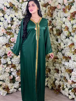  Arap uzun elbise Kaftan Kadınlar Kalın Saten Örgü Trim Gevşek Rahat müslüman çarşaf islami Dubai Fas Kaftan Parti Elbise Ramazan