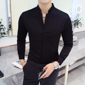  Artı Boyutu 5XL-M Yeni Standı Yaka Gömlek Erkekler Uzun Kollu Katı Slim Fit Casual Gömlek Siyah Beyaz Kırmızı İş Sosyal Elbise Gömlek