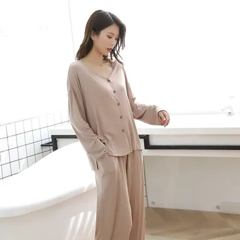  Bahar Pijama Kadınlar için V Yaka Modal Katı Pijama Uzun Kollu Pantolon Salonu Aşınma İki Parçalı Set Artı Boyutu Pijama Ev Takım Elbise