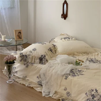  Basit Çiçek Tam Kraliçe Boyutu Kızlar İçin Premium %100 % Pamuk Vintage Yorgan yatak çarşaf kılıfı Yastık shams Fransız Ülke Ruffles 4 ADET