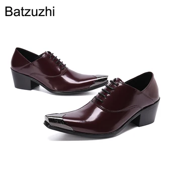  Batzuzhi 6.5 cm Yüksek Topuk erkek ayakkabıları Sivri Metal Ayak Deri Elbise Ayakkabı Erkekler Dantel-up Parti ve Düğün Zapatos Hombre