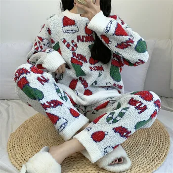  Bayan Kış Sıcak Pijama Seti Karikatür Kıyafeti Noel Pijama Mercan Polar kadın Pijama Pazen Pijama Kalınlaşmak Gecelik