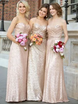  Bir Çizgi Sevgiliye Gül Altın Nedime Elbisesi Payetli Düğün Parti Elbise