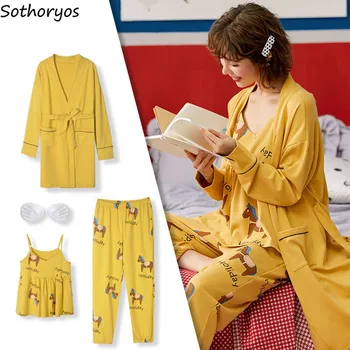  Bornoz Setleri Kadın Bahar Baskı Gevşek Tatlı Spagetti Kayışı Üstleri Kadın Düz Elastik Bel Pantolon Pijama Basit Bornoz