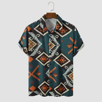  CharmkpR Üstleri 2022 Yeni erkek Vintage Argyle Geometrik Baskı Bluz Casual Streetwear Stil Erkek Yaka Kısa Kollu Gömlek S-2