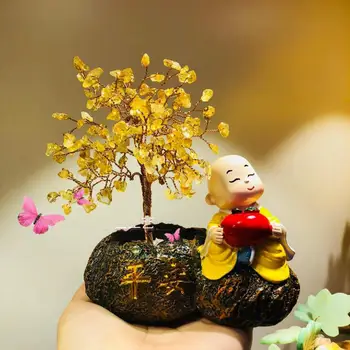  Citrine Şanslı Ağaç keşiş Kristal Şanslı Para Servet Ağacı Servet Çin Altın ev ofis dekorasyonu abletop Süs El Sanatları