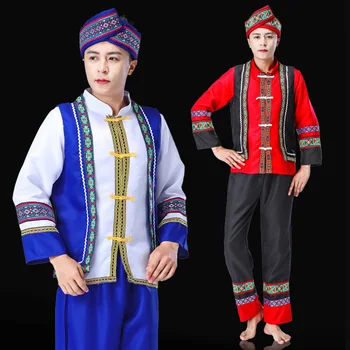  Dans Performansı Giyim Etnik Azınlık Kostümleri erkek Nakış Desenleri Çin Tarzı Düğmeleri