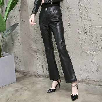  Deri XS-3XL Küçük flare Hakiki pantolon Koyun derisi flare pantolon Kadın yüksek bel siyah renk ince ince Pantolon F682 dropship