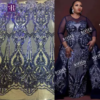  Derin Mavi Renk Payetli Işlemeli Örgü Tül Net Dantel Kumaşlar Klasik Tasarım Afrika Nijeryalı Sequins balo kıyafetleri Malzeme