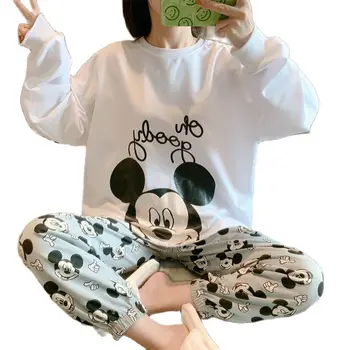  Disney İki Adet Uzun Kollu Kadın Pijama Setleri Gecelik Ev Takım Elbise Mickey Pijama Eğlence Elbise Kişilik Üstleri Pantolon