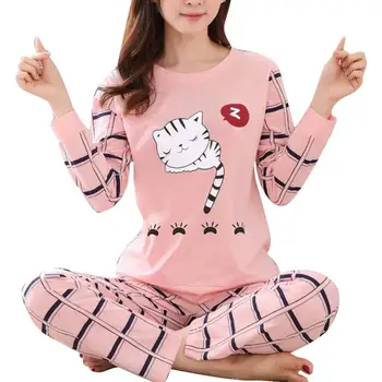  Dropshipping Kış Sevimli Karikatür Kedi Baskı Pijama Seti Kadın İki adet Uzun Kollu Pijama
