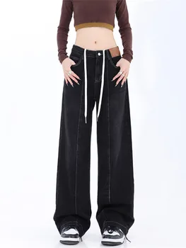  Düşük Bel Baggy Kot Kadın 2022 Yeni Kore Moda Düz Bacak Kot Pantolon Y2k Streetwear Vintage Gevşek Siyah Jean Pantolon