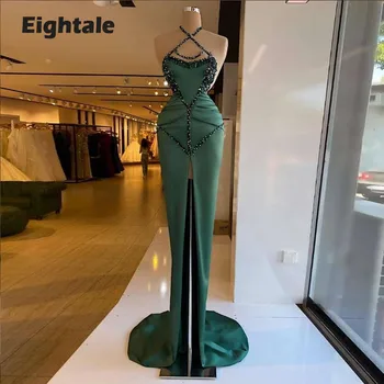  Eightale Zarif Koyu Yeşil Akşam Elbise Boncuklu Halter Seksi Yan Bölünmüş Saten Balo Elbisesi Uzun Ünlü Parti Elbise 2021