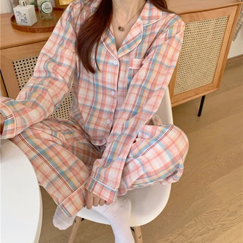 Elvoegirl Sevimli ızgara Kız Pijama Seti Kore Sonbahar Kış Yeni Uzun Kollu Eğlence Pijama Kadın Gevşek Kıyafeti Gecelik Takım Elbise