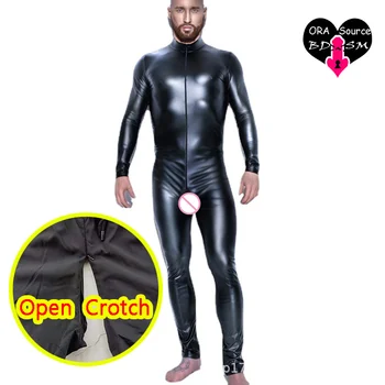  Erkek Erotik Açık Crotch Siyah Fermuar İç Çamaşırı Seksi 5XL Artı Eşcinsel Dans gece elbisesi Crotchless Tek Parça Gösterisi Kas Bodysuit