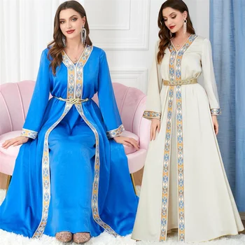  Fas Jellaba Kadınlar Abaya 2 Parça Set Parti Elbiseler Lüks Çiçek Dantel Bant Dubai Türkiye Kaftan Müslüman Moda Elbise