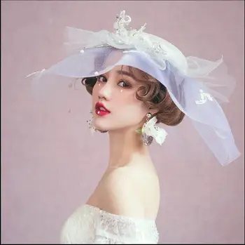  Fransız Hepburn Şapka Yaz Gelin Vintage Beyaz Dantel çiçekli kapak Örgü Kadın