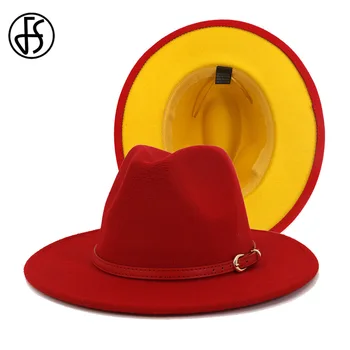 FS 2020 Moda Kırmızı Sarı Patchwork Fedora Caz Şapka Kemer Tokası ile Kadın Erkek Geniş Ağız Yün Keçe Parti Panama Fötr Kap