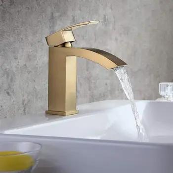  Fırçalanmış Altın Banyo lavabo musluğu Şelale Tarzı Tek Delik Tek Kolu Güverte Üstü Soğuk sıcak su Pirinç Banyo Musluk