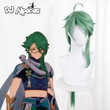  Genshin Darbe Bai Shu Peruk 90cm Yeşil Uzun Tarzı Sentetik Saç Topuz Cosplay Kostüm Peruk İsıya Dayanıklı Ücretsiz Peruk Kap