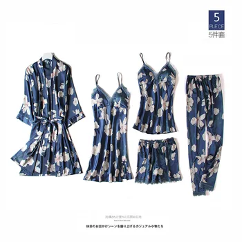  Ilkbahar Yaz uyku tulumu Kadın Dantel Saten Çiçek Baskı Pijama Seti V Yaka Cami Gecelik Giyim Pijama Ev Kıyafeti
