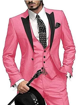  Italyan Renkli Klasik Mor Smokin Damat Balo Pembe Elbise düğün elbisesi Zarif İnce erkek Takım Elbise Seti 3 Parça (Ceket + Pantolon + Yelek)
