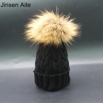  Jinsen Aite AWinter Sıcak Rakun Kürk Topu Bebek Şapka Tığ Örme Kapaklar Erkek Kız Katı Çocuk Gorros Para Kasketleri JS221