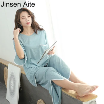  Jinsen Aite Yeni Yaz Kadın Pijama Setleri Buz Ipek Pamuk Gevşek Gece Takım Elbise Gömlek Pantolon 2 Parça Set JS864