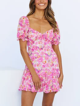  Kadın Giyim yaz elbisesi Kısa Puf Kollu Çiçek Baskı Elbise Sevgiliye Boyun Kravat Yay Fırfır Etek Tatil Plaj Mini Elbise
